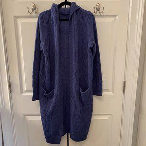 Blue Cable Knit Cardigan with Pockets and Hoodie